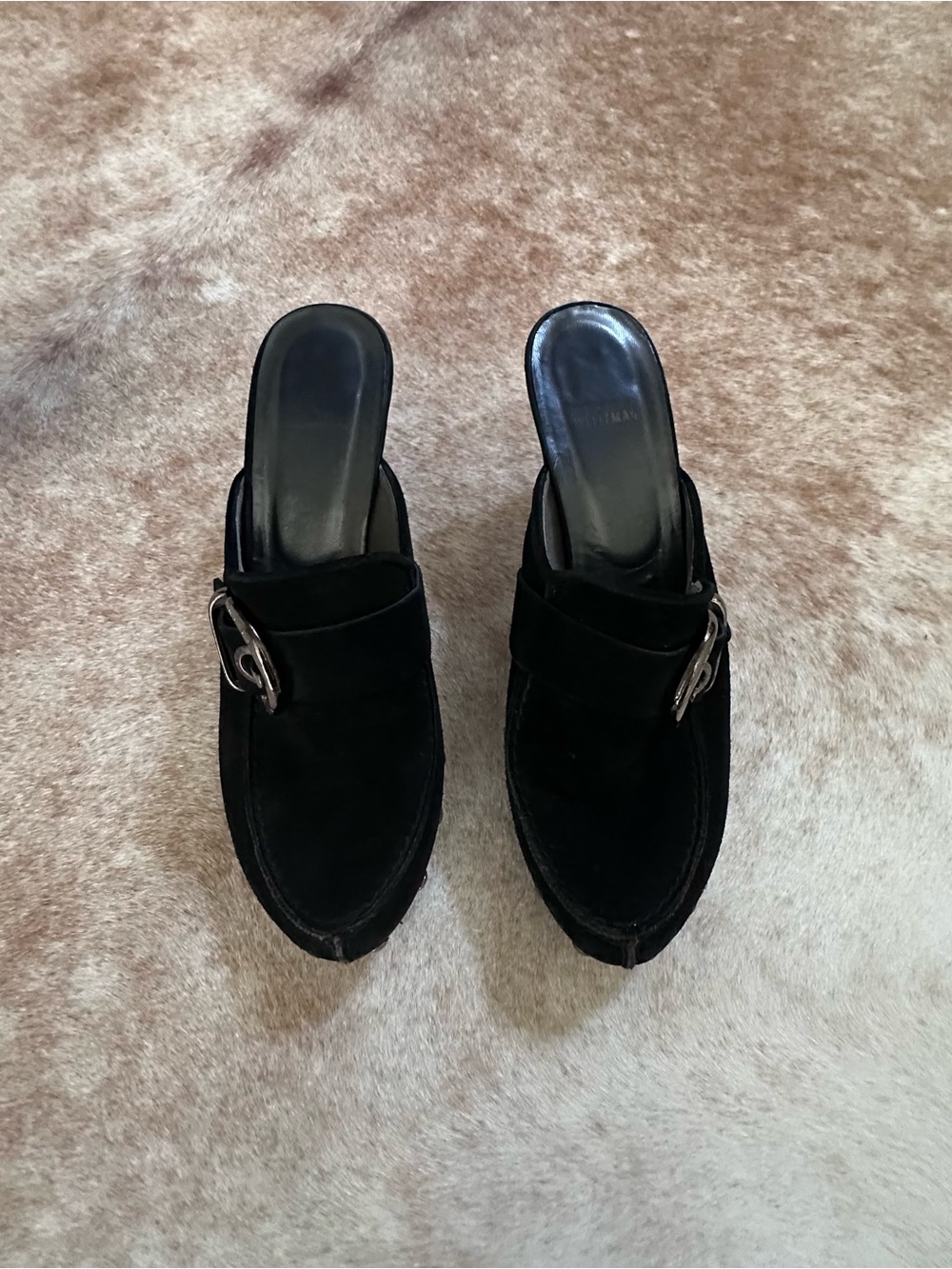 Stuart Weitzman Black Suede Slip-On Mules with Silver Buckles